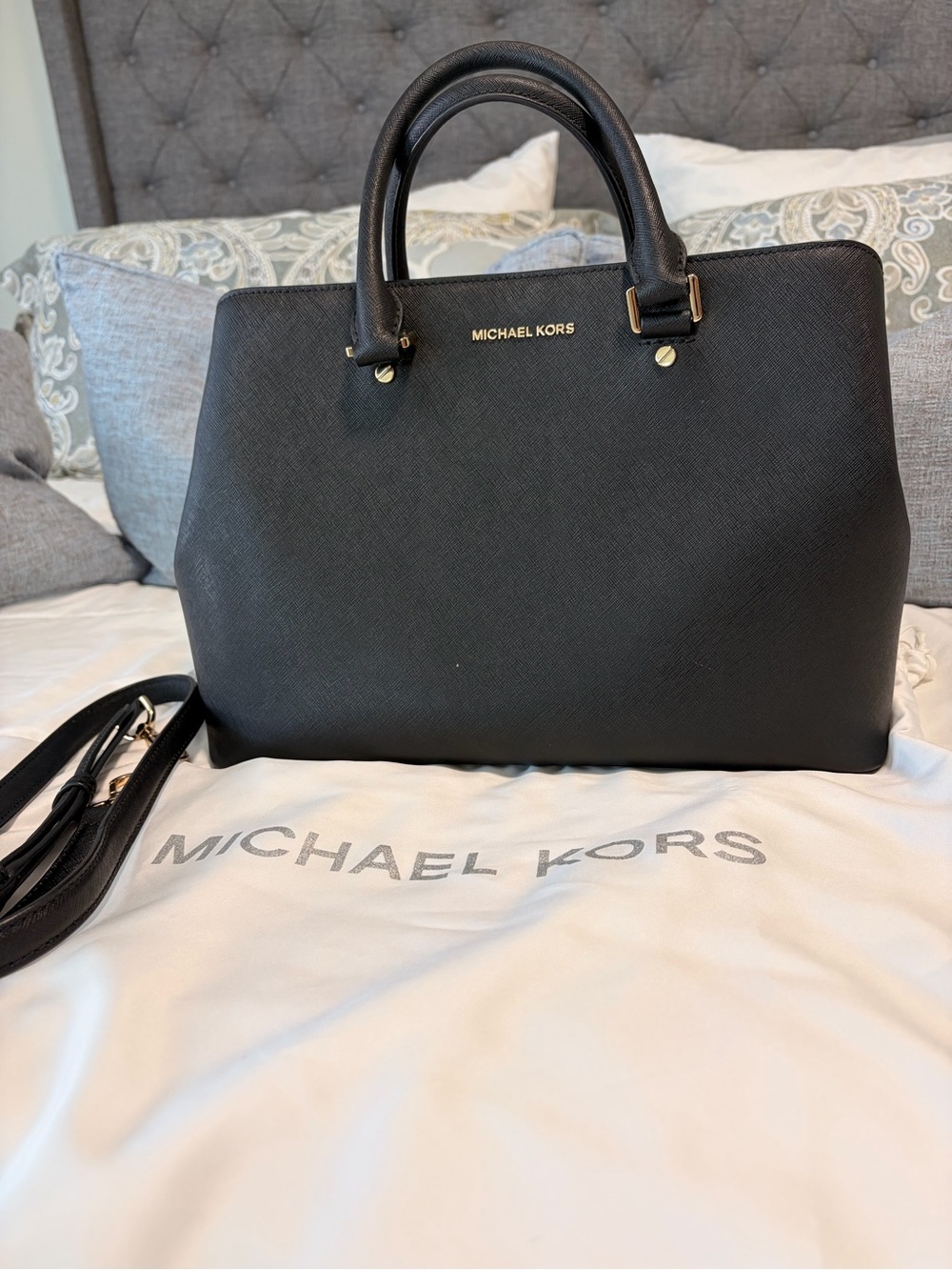 Michael Kors Black Saffiano Leather Dome Satchel with Gold Hardware